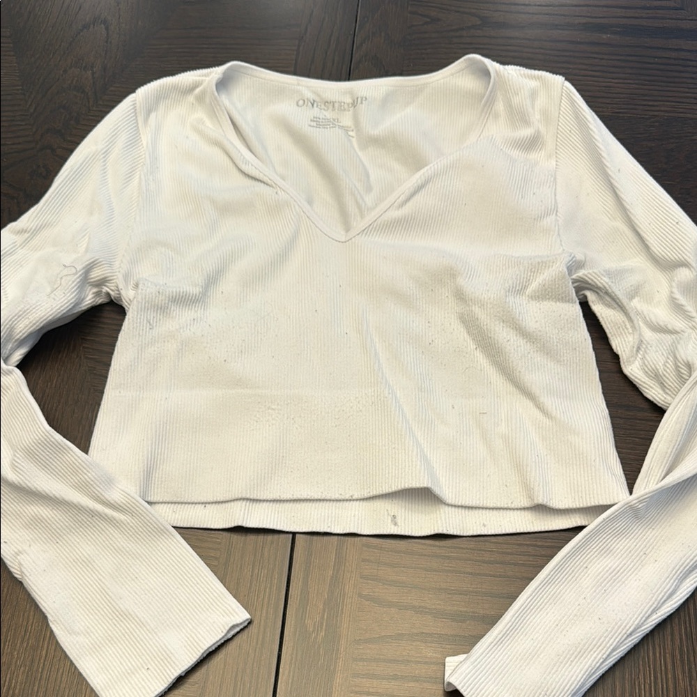 One Step Ahead White Ribbed V-Neck Crop Top